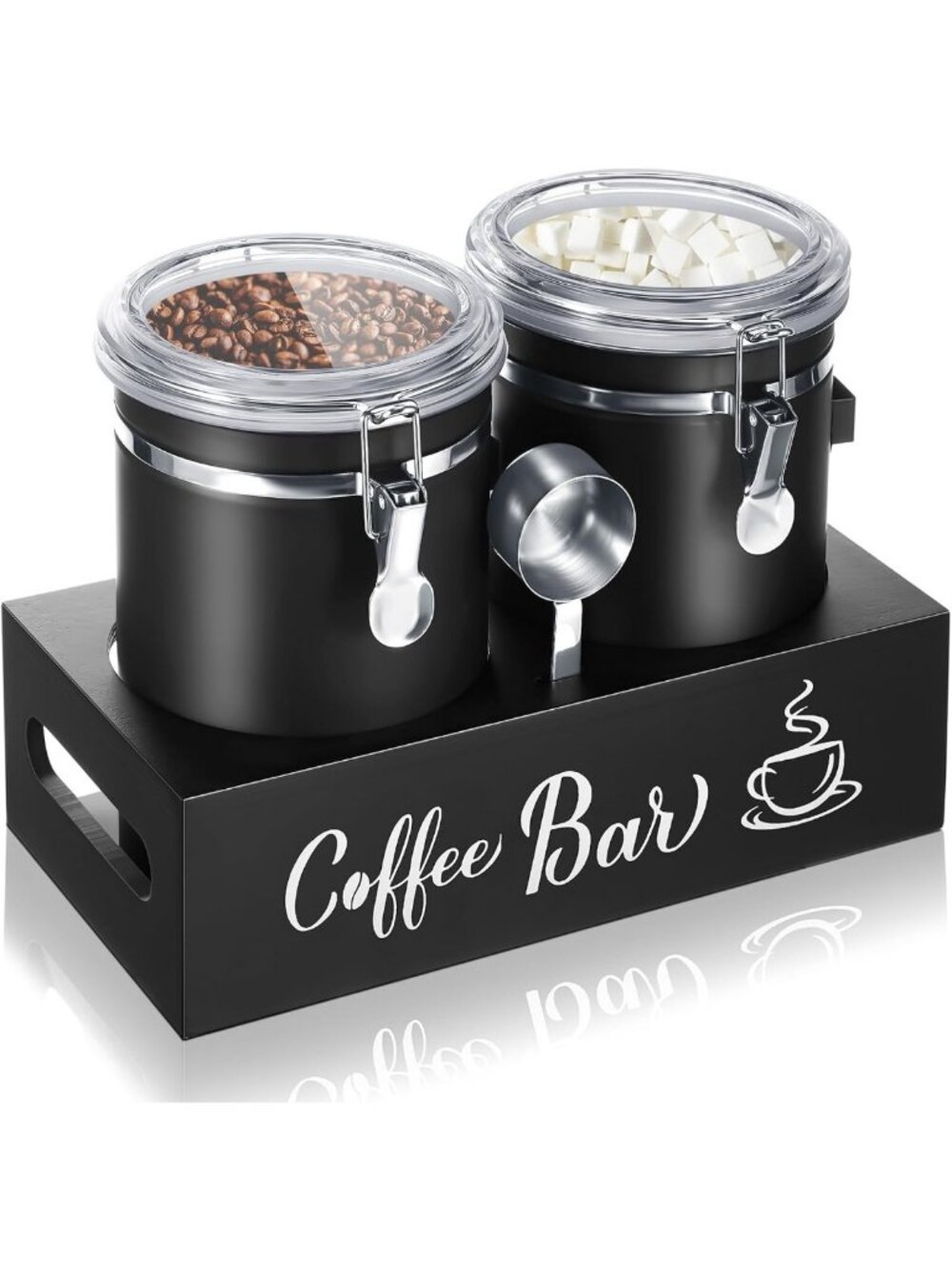 Stylish 66 oz Coffee & Sugar Canisters with Scoop Lids - Set of 2, Black